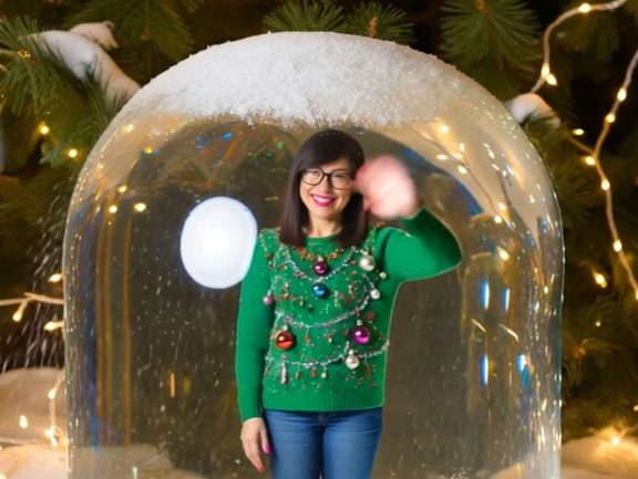 Winke gut gelaunt aus einer Schneekugel bei sanftem Schneefall