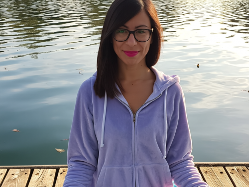 Meditation am See im pastellfarbenen Yoga-Outfit