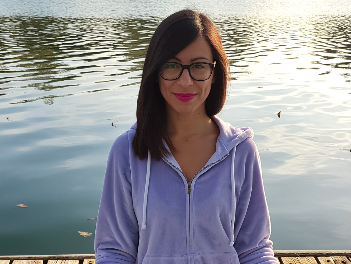 Meditation am See im pastellfarbenen Yoga-Outfit