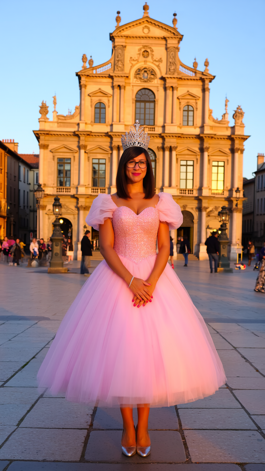 Princess-in-the-City-Look im Barockstil bei Golden Hour mit Puffärmeln und Krone - babypink