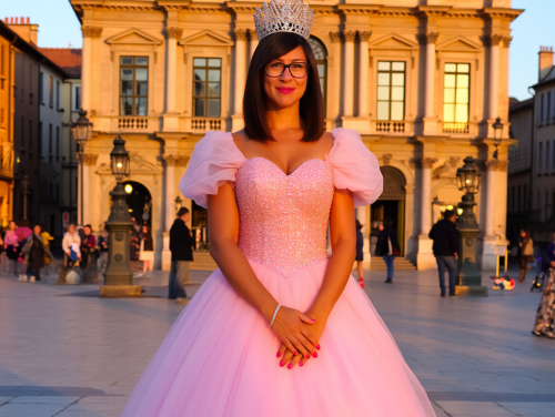 Princess-in-the-City-Look im Barockstil bei Golden Hour mit Puffärmeln und Krone - Thumbnail