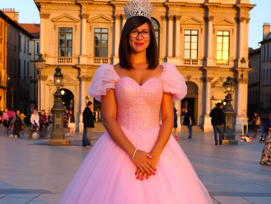 Princess-in-the-City-Look im Barockstil bei Golden Hour mit Puffärmeln und Krone