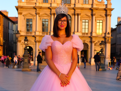 Princess-in-the-City-Look im Barockstil bei Golden Hour mit Puffärmeln und Krone