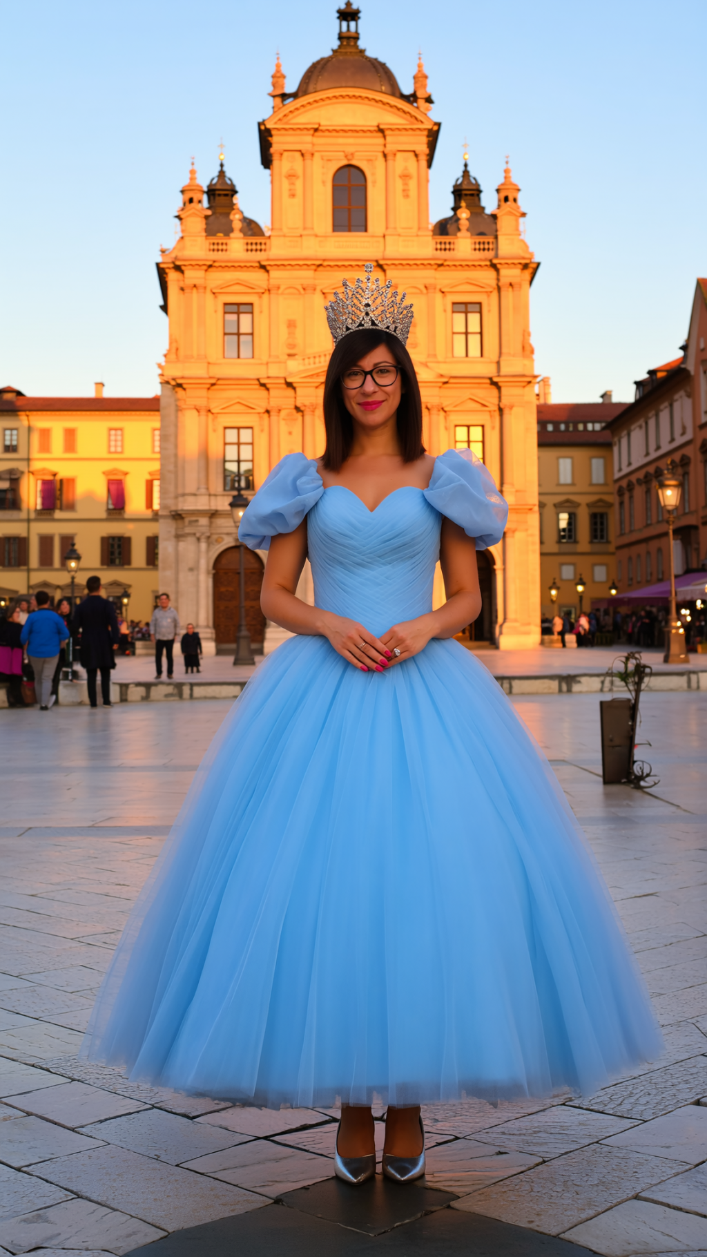 Princess-in-the-City-Look im Barockstil bei Golden Hour mit Puffärmeln und Krone - babyblau