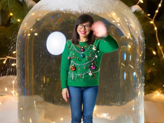 Winke gut gelaunt aus einer Schneekugel bei sanftem Schneefall