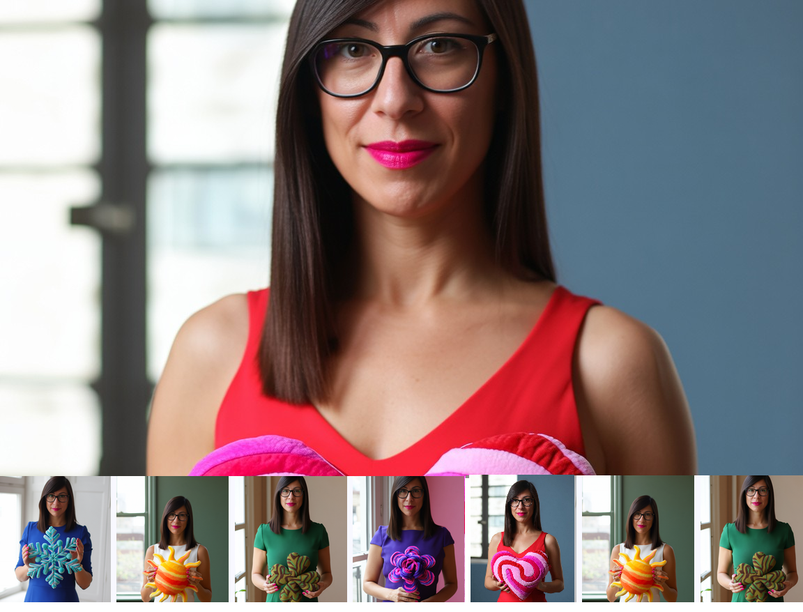 Porträt im Kleid mit Plüsch-Objekt in schlichtem Innenraum