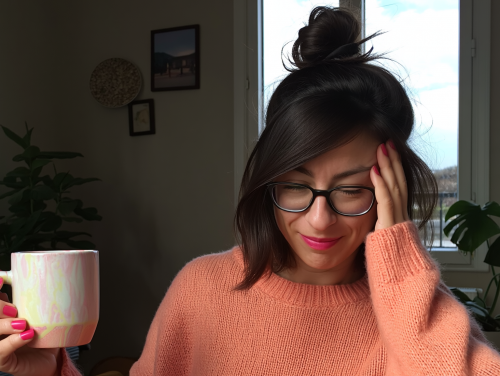 Müde schmunzelnd mit Messy-Bun-Frisur, Oversize-Strickpullover und Pastell-Tasse