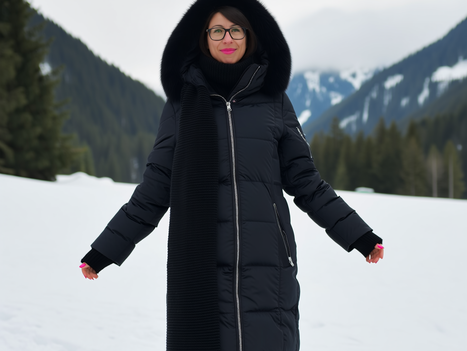 Winter-Spaziergang im langen Daunenmantel vor alpiner Bergkulisse