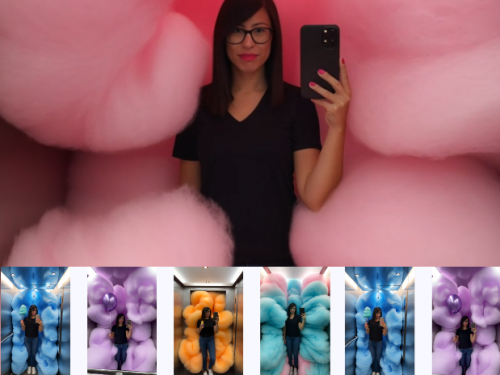 Fahrstuhl-Selfie mit Cotton-Cloud – surreale Farbexplosion