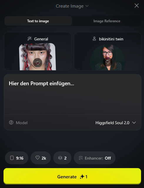 Screenshot Eingabemaske Create Image Higgsfield