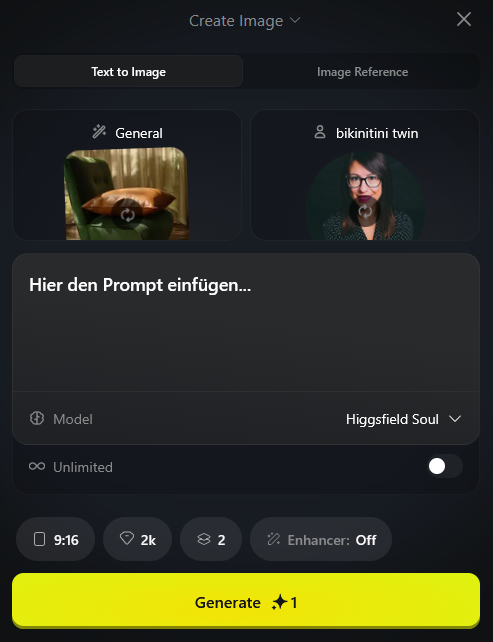 Screenshot Eingabemaske Create Image Higgsfield