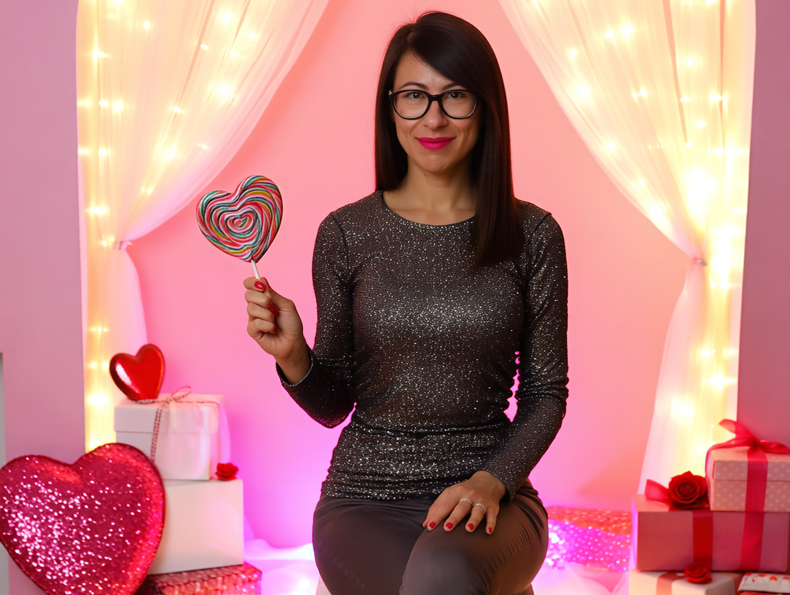 Studio-Porträt mit Herz-Lolli und Lichterbogen