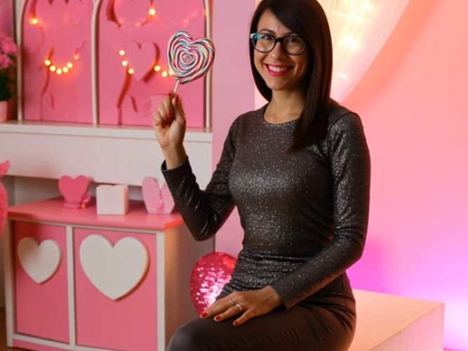 Sanfte Kamerafahrt durch eine verspielte Valentine-Szene mit Lolli-Geste