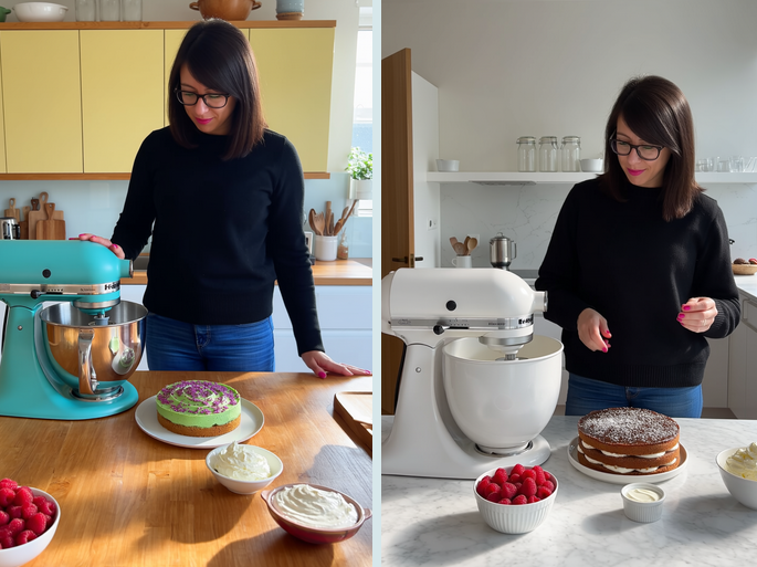 Mit Standmixer und Creme-Torte in einer modernen Küche