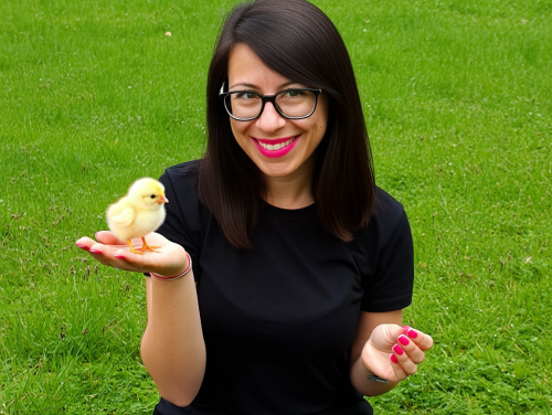 Auf der grünen Wiese mit Küken auf der Hand