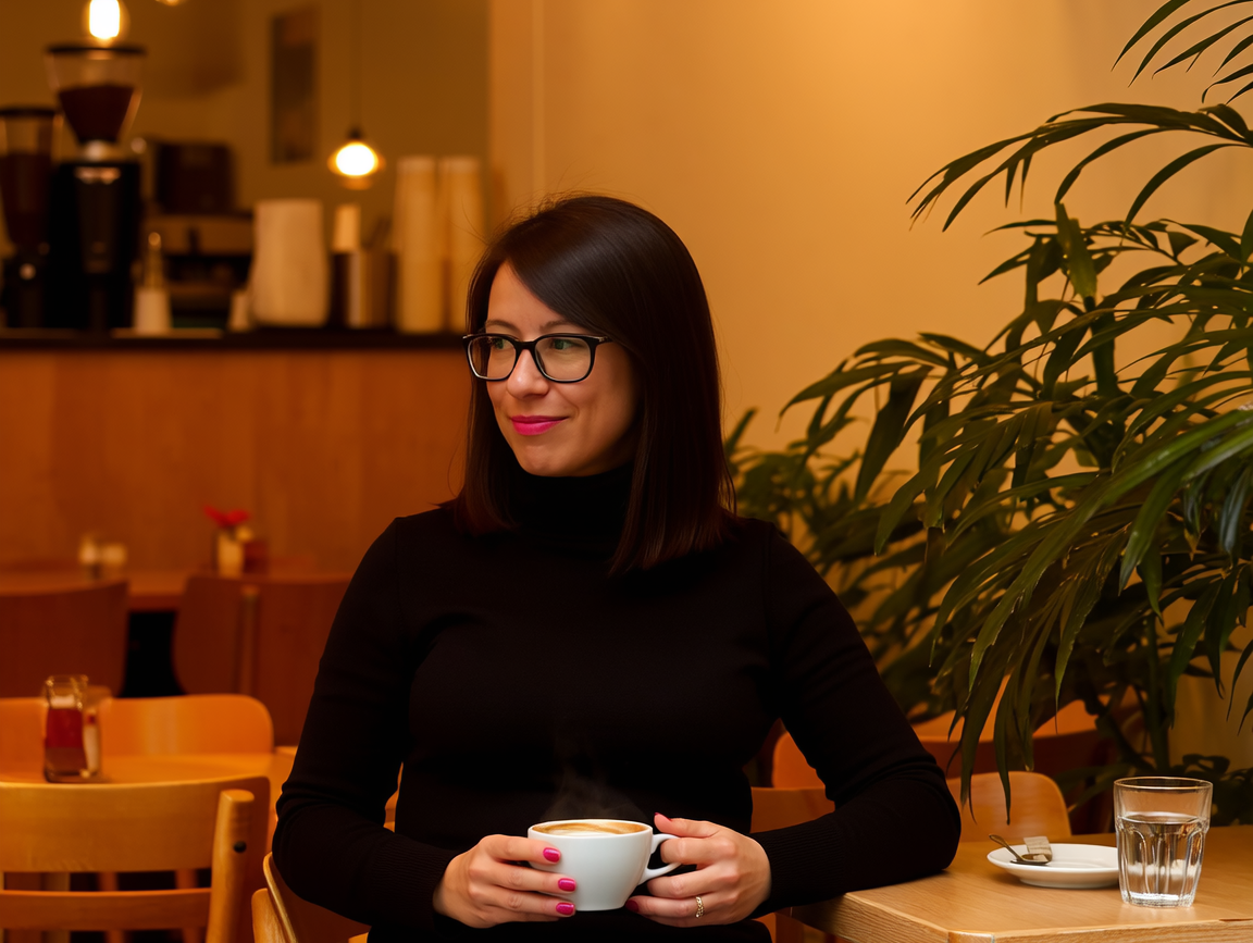Kaffeemoment in einem warm beleuchteten Café mit Holzmöbeln und Pflanzen