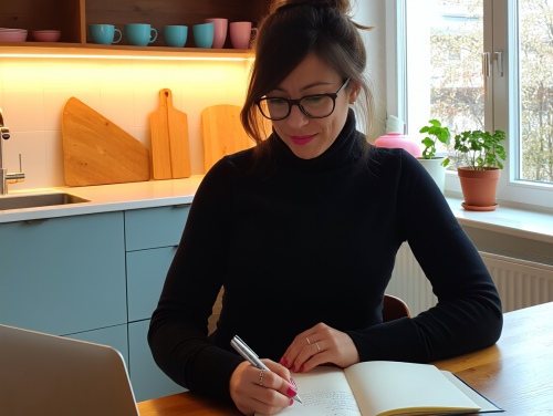 Notizen am Küchentisch mit Laptop in wohnlicher Küche