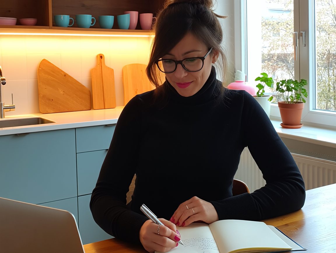 Notizen am Küchentisch mit Laptop in wohnlicher Küche