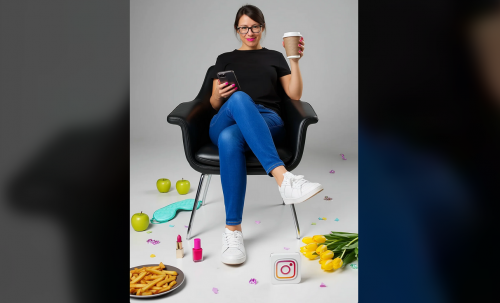 Umgeben von Lieblings-Gegenständen mit Kaffee und Smartphone – im Leder-Sessel