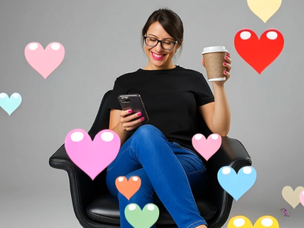 Scrollen im Sessel mit aufsteigenden Social-Media-Likes