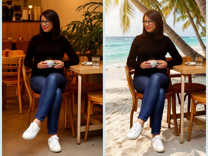 Café-Szene in tropische Strandkulisse verwandeln