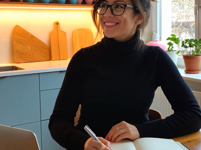 Lächelnd während Notizen am Küchentisch mit sanfter Kamerafahrt