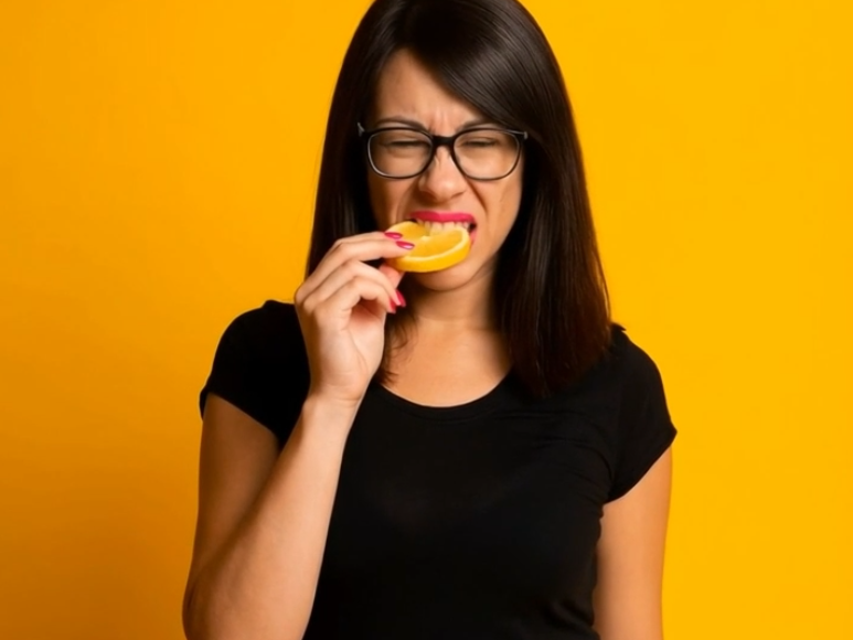 Lächelnd mit Zitronenscheibe und saurer Reaktion