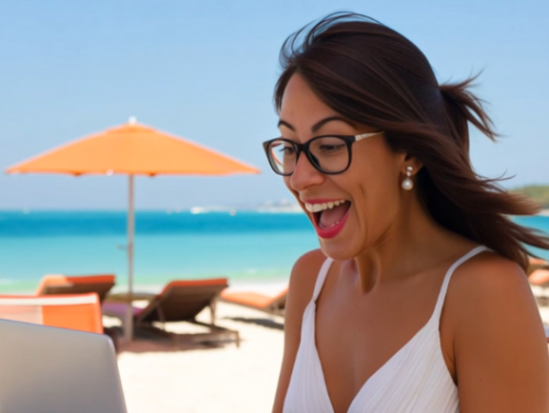 Arbeiten am Strand mit Tippen, entspannter Zufriedenheit und Erfolgsmomenten
