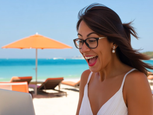 Arbeiten am Strand mit Tippen, entspannter Zufriedenheit und Erfolgsmomenten